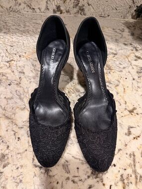 Giorgio Armani Black Lace Heel Wedge Pumps Sexy Date Night Baddie Designer